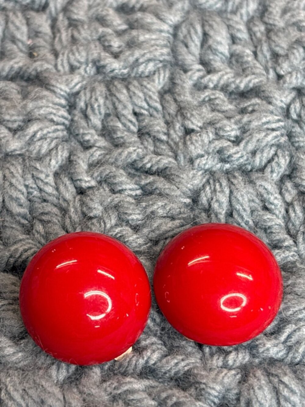 Red Enamel Metal Button Stud Clip On Earrings 0.75 inch